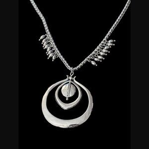 Chicos Silver Tone Large Open Pendant Fringe 22" Chain 2.75" Pendant